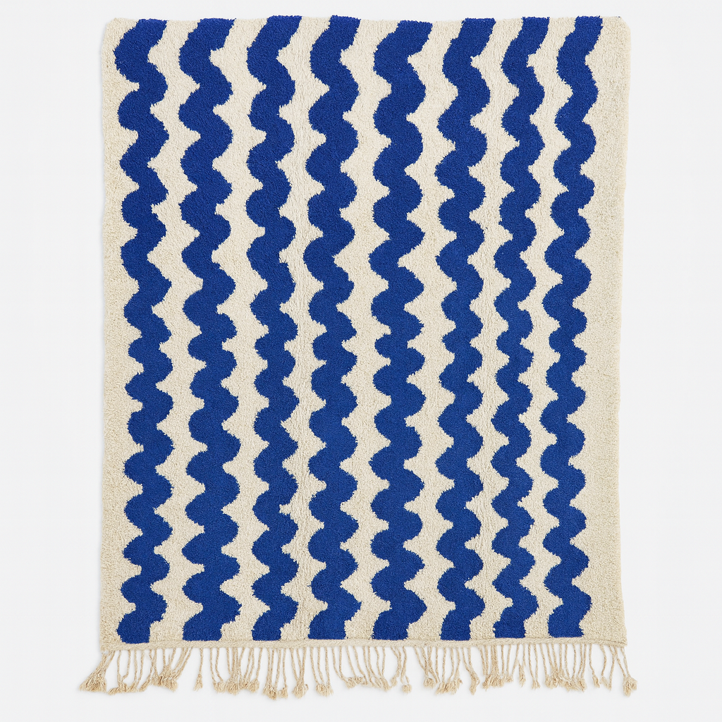 Blue &amp; White Moroccan Wool Rug – Wavy Berber Design