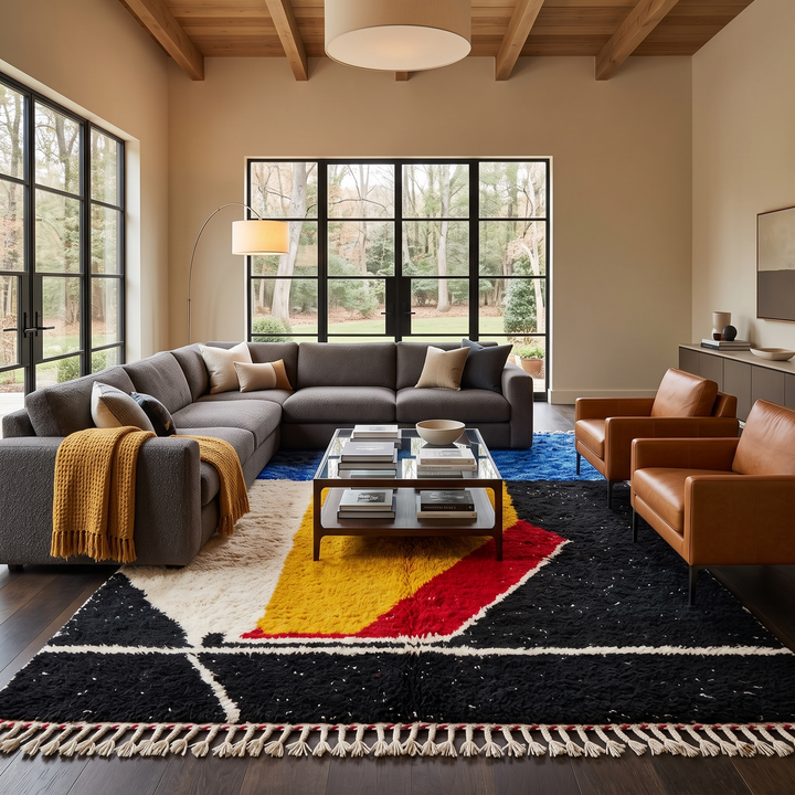Handwoven Moroccan wool rug in blue, yellow, red, black, and white geometric pattern – modern Berber carpet handmade in Morocco