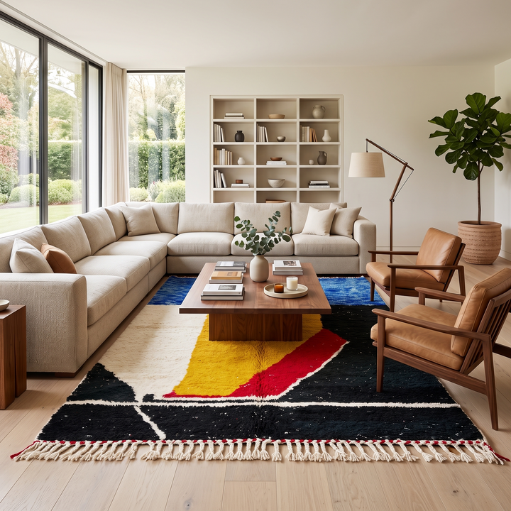 Handwoven Moroccan wool rug in blue, yellow, red, black, and white geometric pattern – modern Berber carpet handmade in Morocco