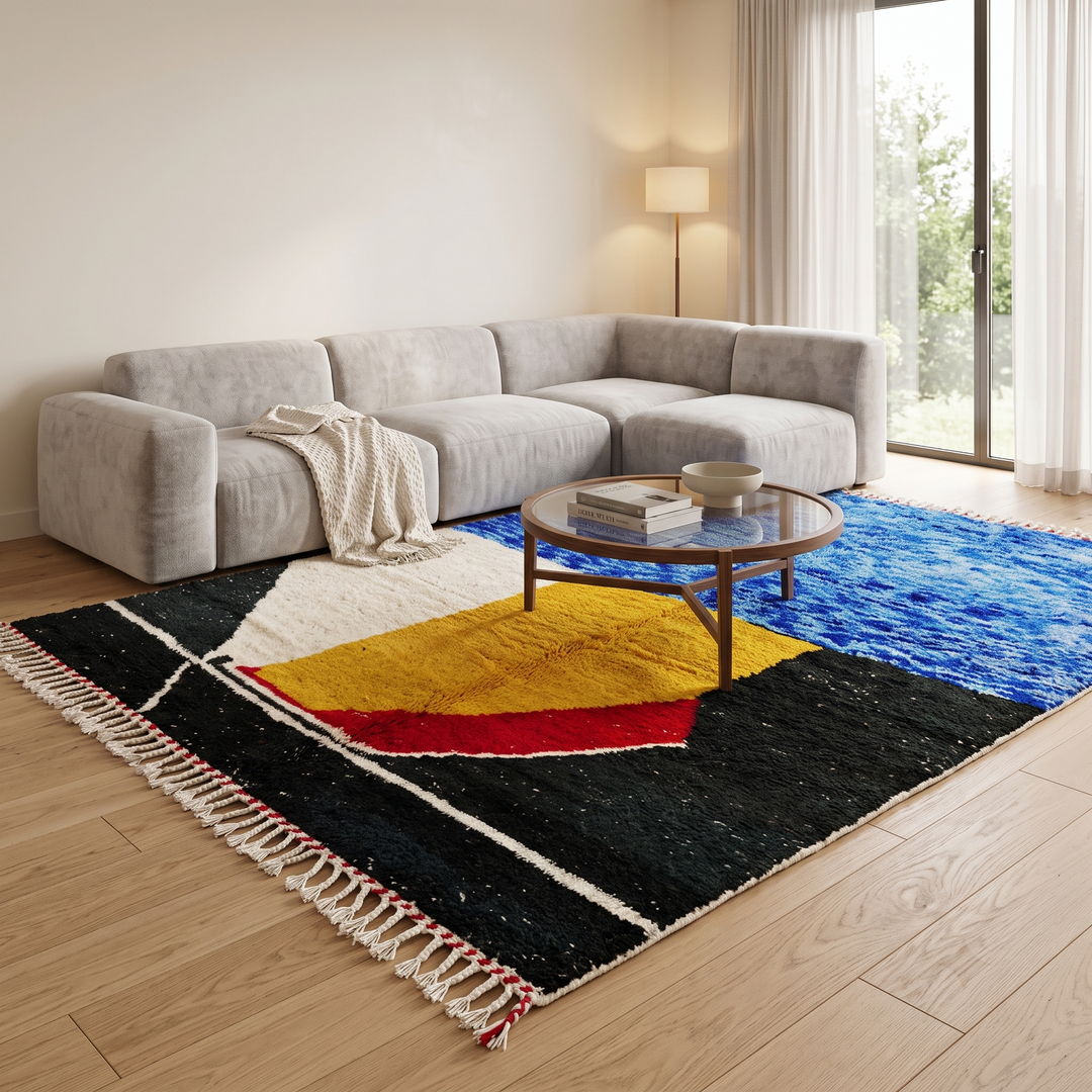 Handwoven Moroccan wool rug in blue, yellow, red, black, and white geometric pattern – modern Berber carpet handmade in Morocco