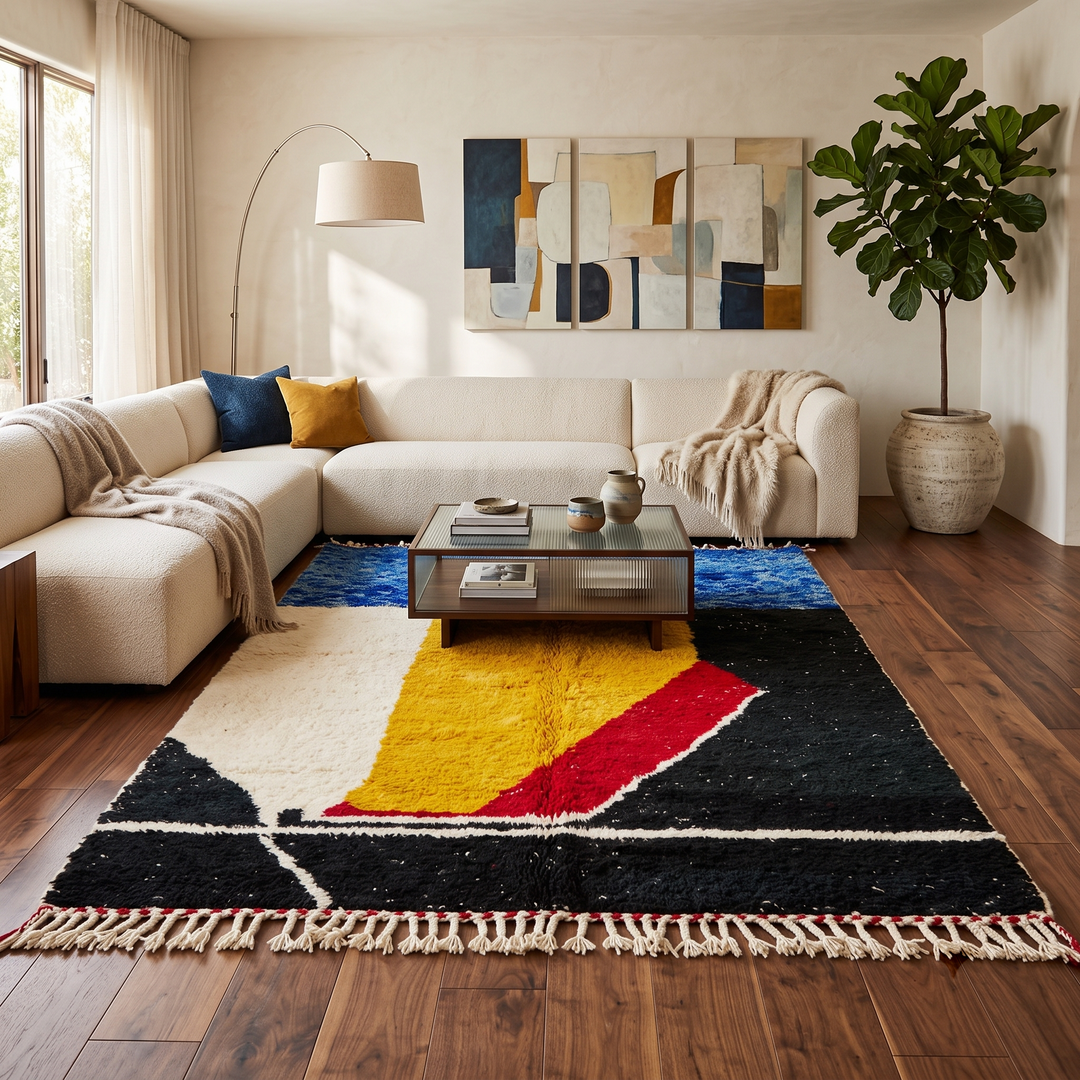 Handwoven Moroccan wool rug in blue, yellow, red, black, and white geometric pattern – modern Berber carpet handmade in Morocco