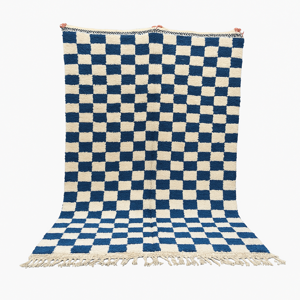 Handwoven blue and white Moroccan wool rug with checkerboard pattern