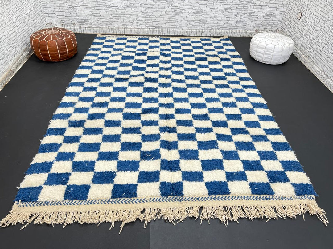 Handwoven blue and white Moroccan wool rug with checkerboard pattern