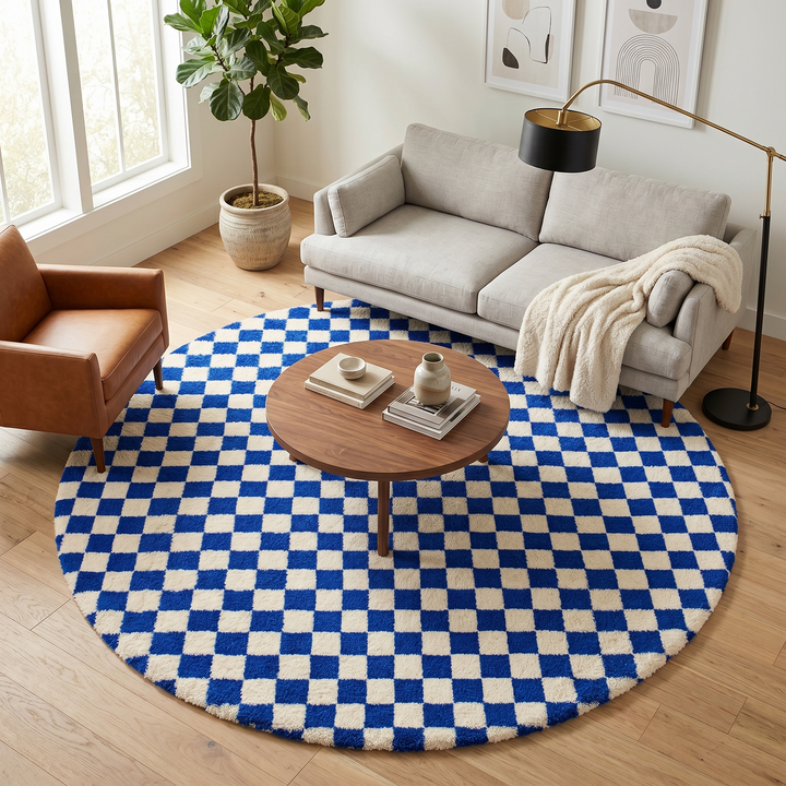 Handmade round blue and ivory Moroccan wool rug featuring a bold checkerboard geometric pattern.