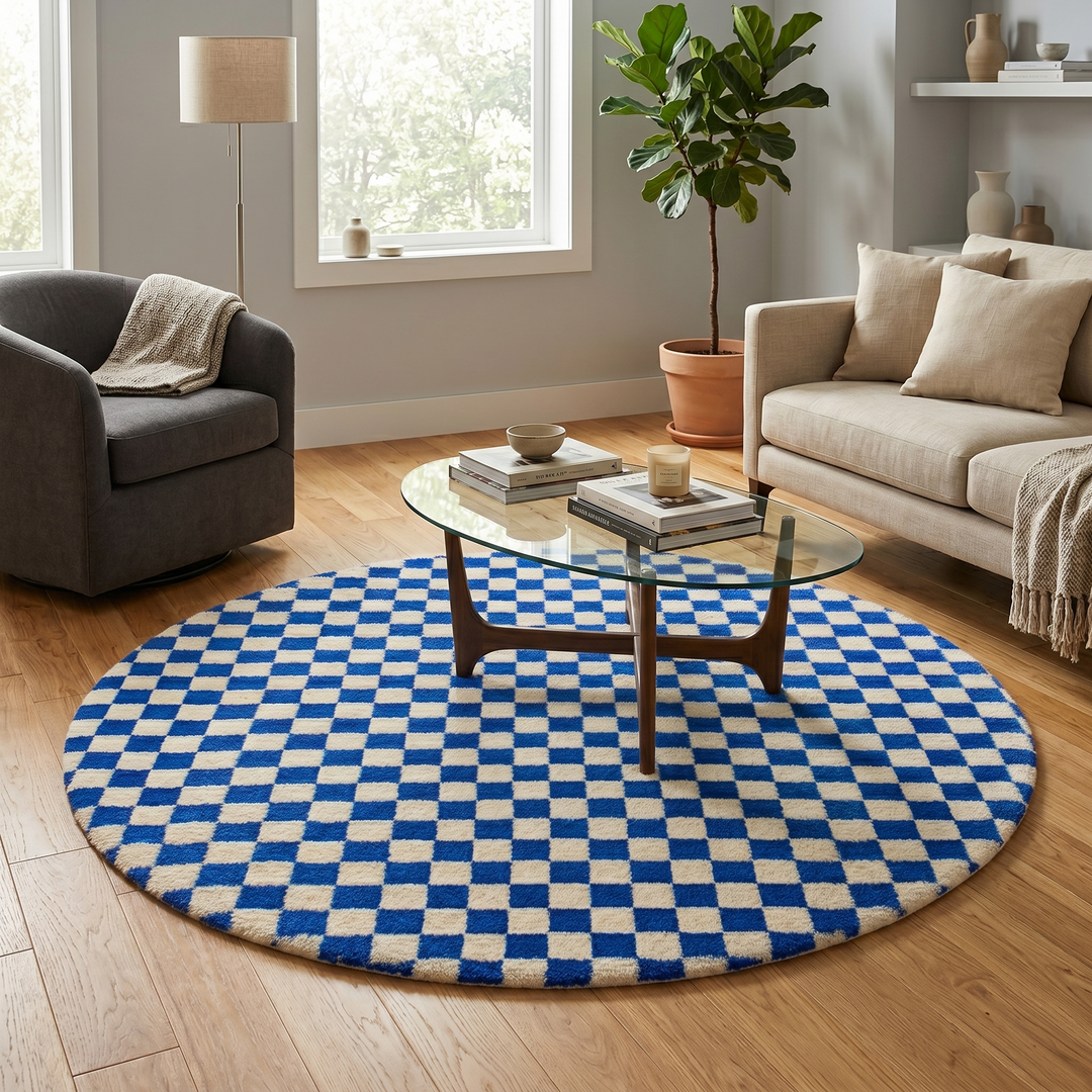Handmade round blue and ivory Moroccan wool rug featuring a bold checkerboard geometric pattern.