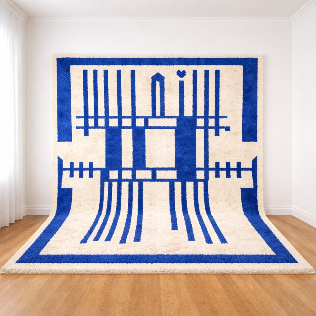 Blue moroccan rug with Abstract Geometric Berber Design