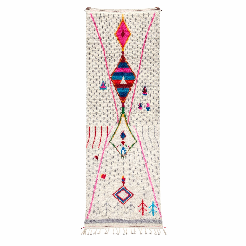 Handmade Moroccan Berber runner rug with white wool base, colorful diamond motif in pink, blue, turquoise and orange, boho tribal hallway runner carpet.