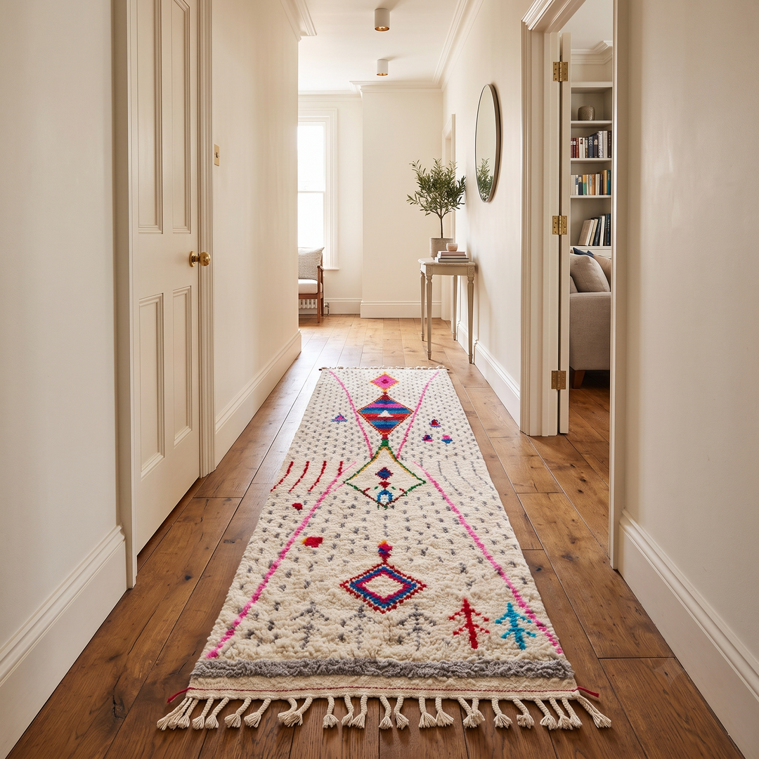 Handmade Moroccan Berber runner rug with white wool base, colorful diamond motif in pink, blue, turquoise and orange, boho tribal hallway runner carpet.