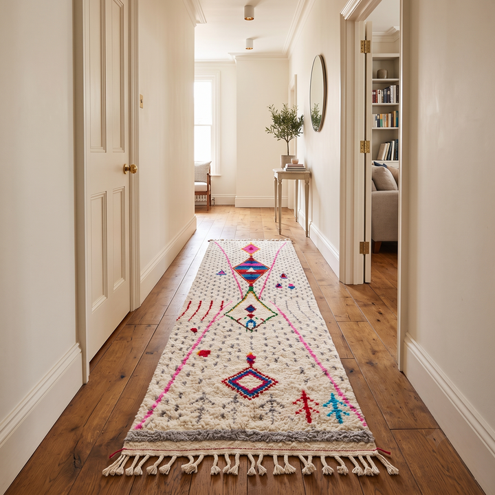 Handmade Moroccan Berber runner rug with white wool base, colorful diamond motif in pink, blue, turquoise and orange, boho tribal hallway runner carpet.