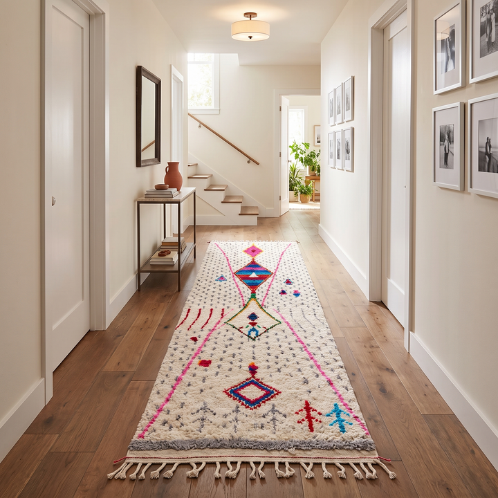 Handmade Moroccan Berber runner rug with white wool base, colorful diamond motif in pink, blue, turquoise and orange, boho tribal hallway runner carpet.