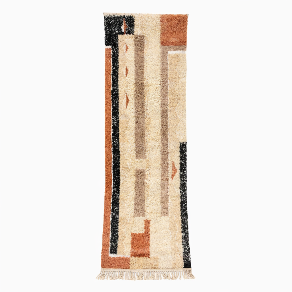 Earth tone Moroccan Berber runner rug with abstract wool pattern, handmade hallway runner