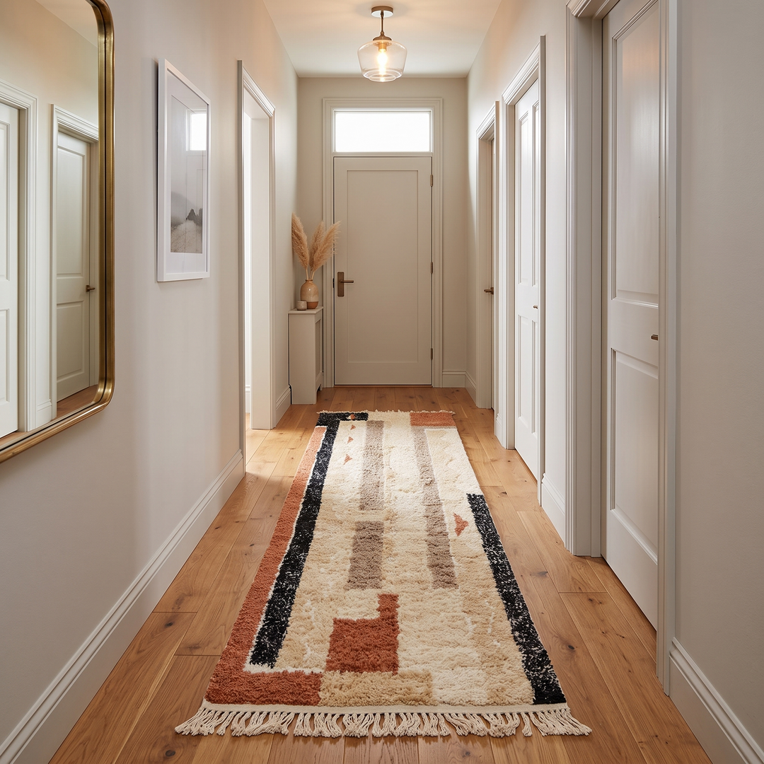 Earth tone Moroccan Berber runner rug with abstract wool pattern, handmade hallway runner