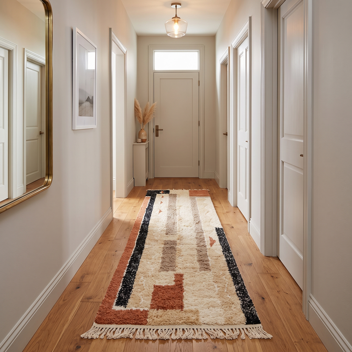 Earth tone Moroccan Berber runner rug with abstract wool pattern, handmade hallway runner