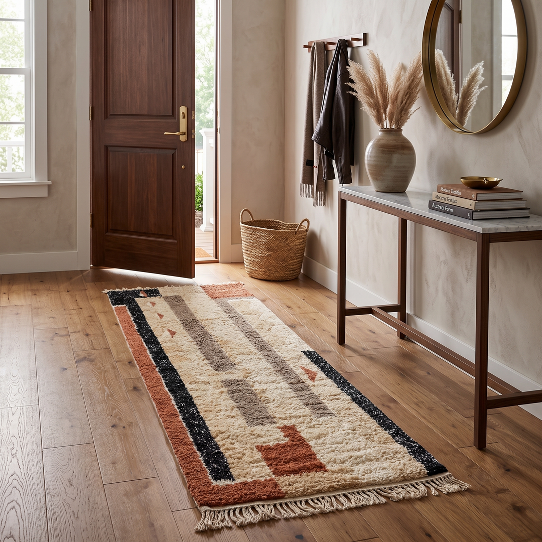 Earth tone Moroccan Berber runner rug with abstract wool pattern, handmade hallway runner