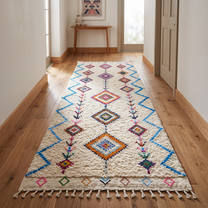 Handmade Moroccan Berber runner rug with colorful diamond and zigzag patterns on white wool
