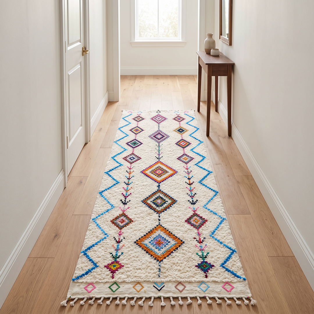 Handmade Moroccan Berber runner rug with colorful diamond and zigzag patterns on white wool