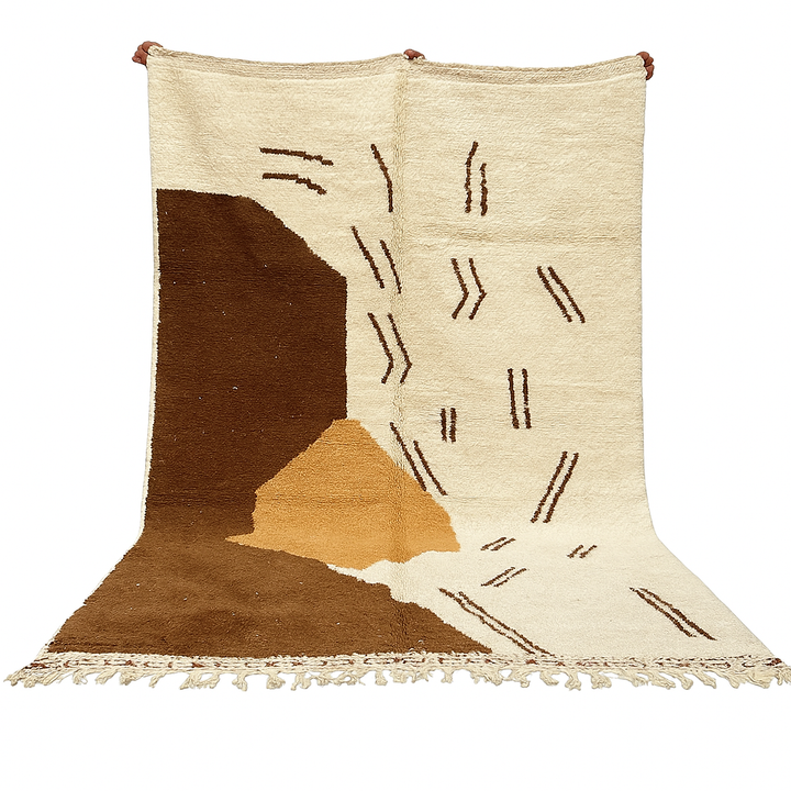 Handmade Moroccan wool rug with brown and beige abstract desert-inspired design