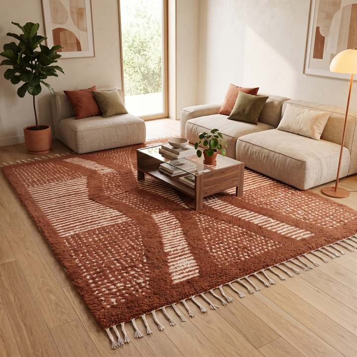 Brown Moroccan handmade wool rug with raised white texture