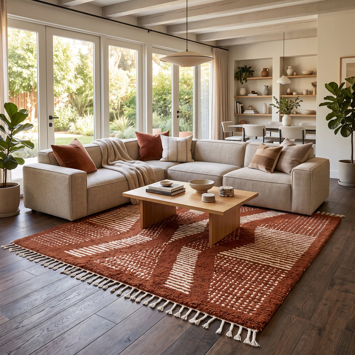 Brown Moroccan handmade wool rug with raised white texture
