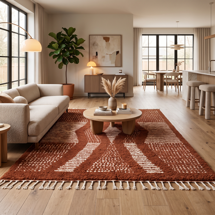 Brown Moroccan handmade wool rug with raised white texture