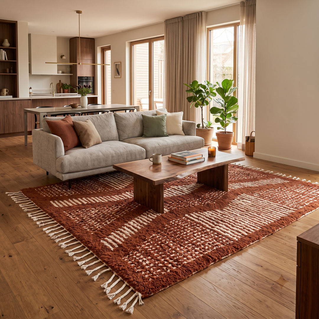 Brown Moroccan handmade wool rug with raised white texture
