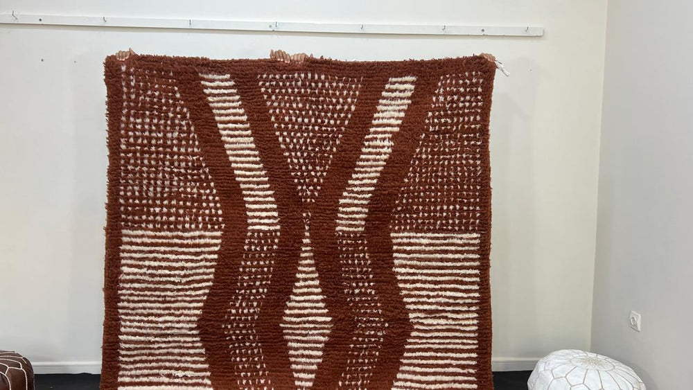 Brown Moroccan handmade wool rug with raised white texture