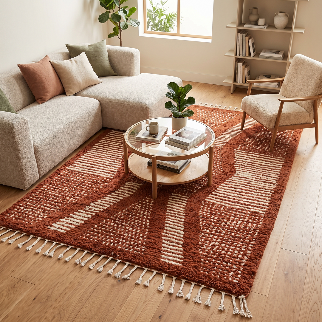 Brown Moroccan handmade wool rug with raised white texture