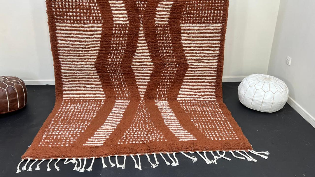 Brown Moroccan handmade wool rug with raised white texture