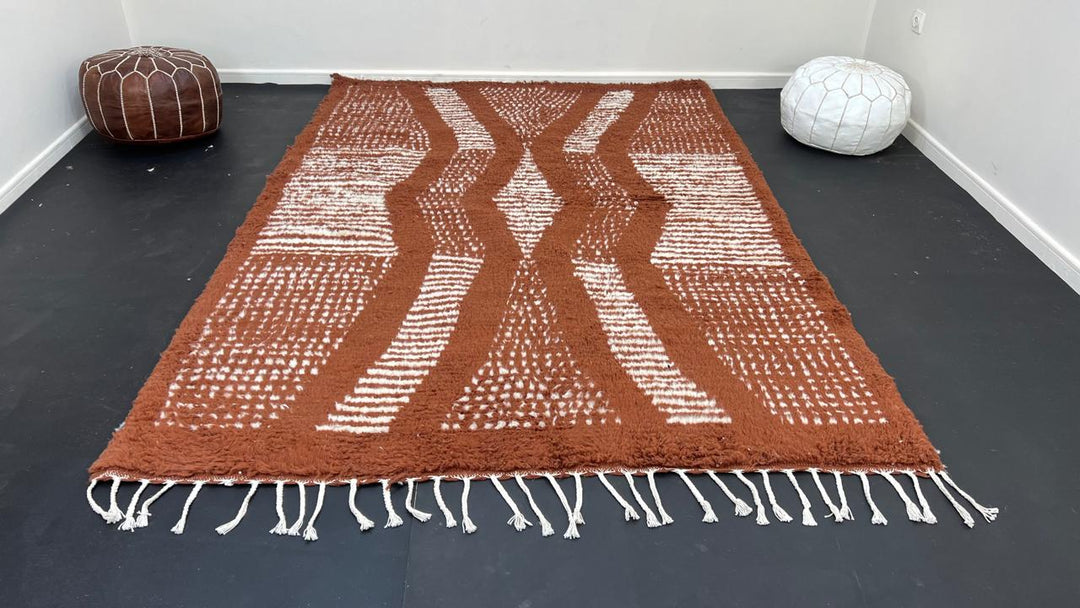 Brown Moroccan handmade wool rug with raised white texture