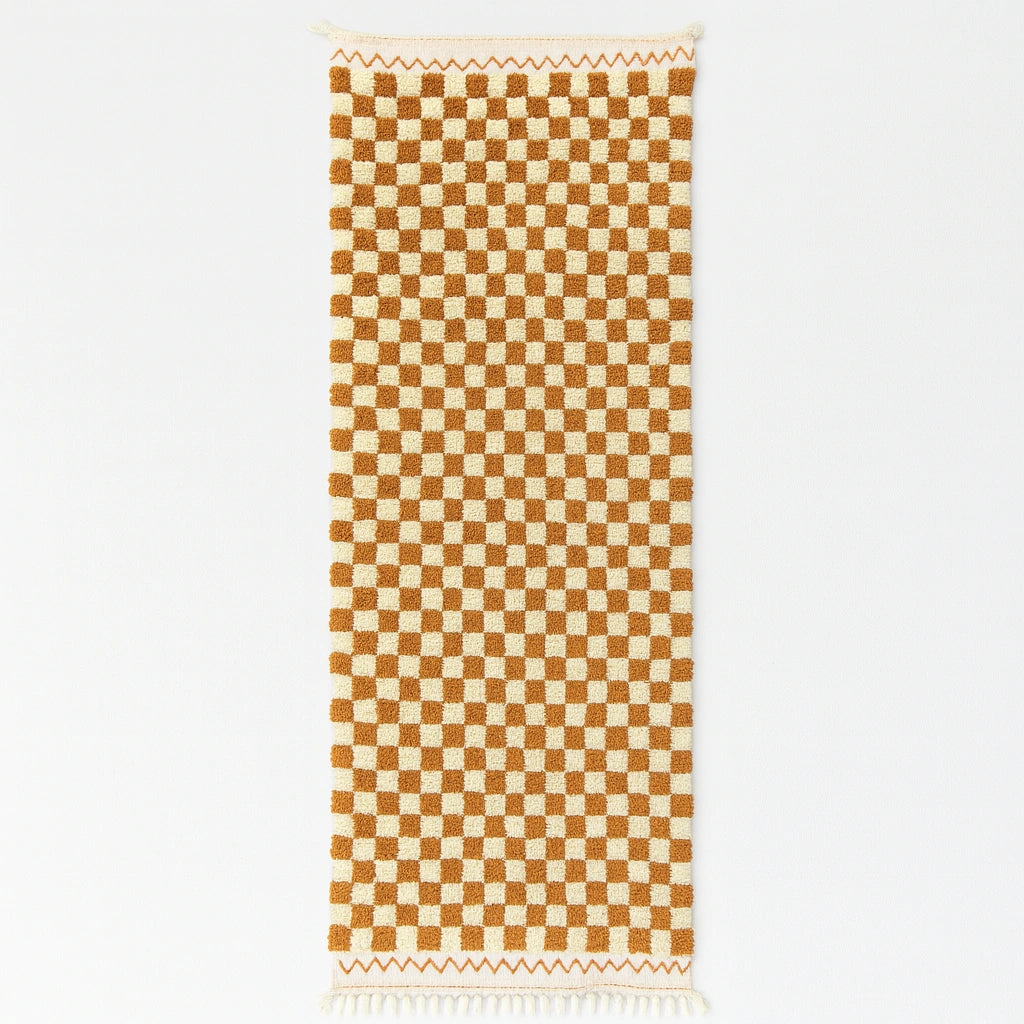 Handwoven brown and white checkerboard Moroccan wool runner rug