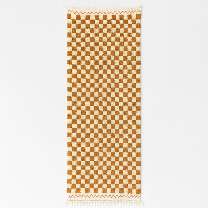 Handwoven brown and white checkerboard Moroccan wool runner rug