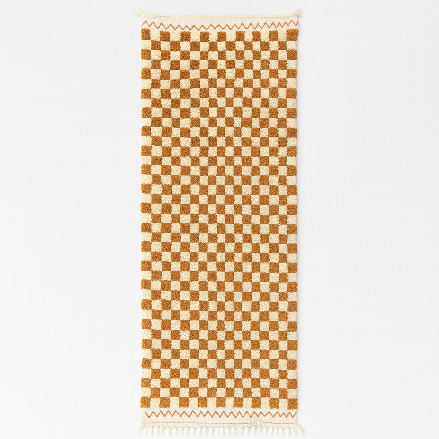 Handwoven brown and white checkerboard Moroccan wool runner rug