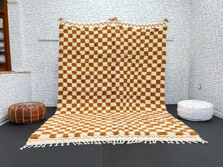 Handmade Moroccan wool rug in brown and cream checkerboard pattern – Berber style shag carpet