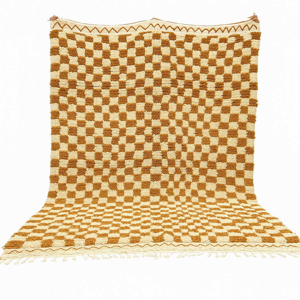 Handmade Moroccan wool rug in brown and cream checkerboard pattern – Berber style shag carpet