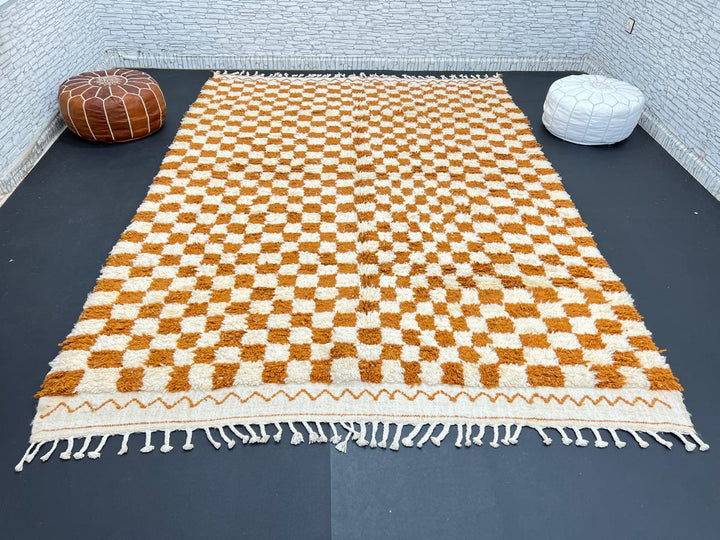 Handmade Moroccan wool rug in brown and cream checkerboard pattern – Berber style shag carpet