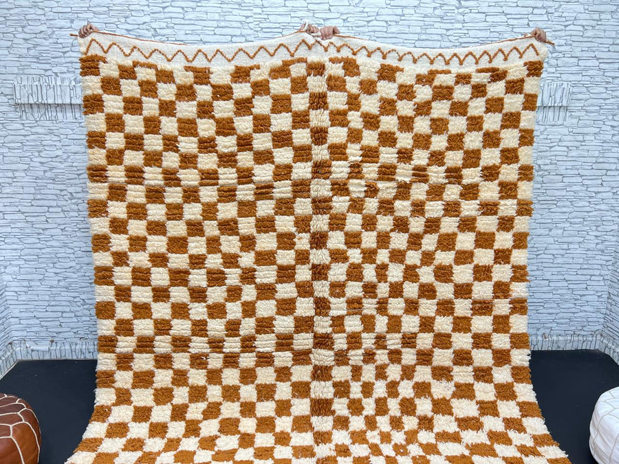 Handmade Moroccan wool rug in brown and cream checkerboard pattern – Berber style shag carpet