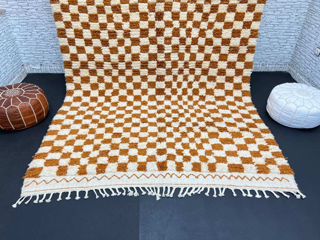 Handmade Moroccan wool rug in brown and cream checkerboard pattern – Berber style shag carpet