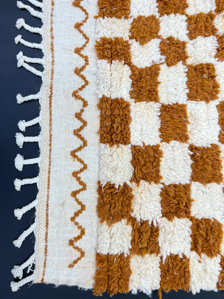 Handmade Moroccan wool rug in brown and cream checkerboard pattern – Berber style shag carpet