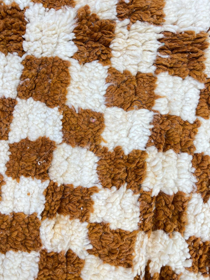 Handmade Moroccan wool rug in brown and cream checkerboard pattern – Berber style shag carpet