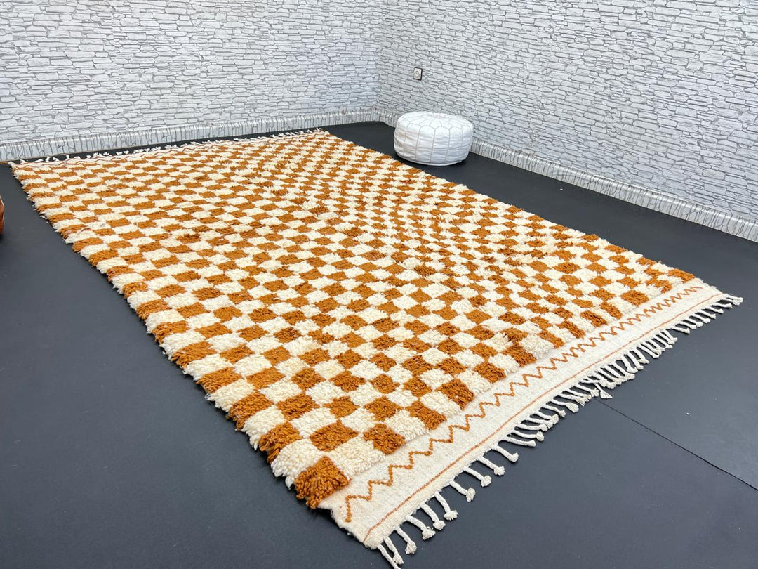 Handmade Moroccan wool rug in brown and cream checkerboard pattern – Berber style shag carpet