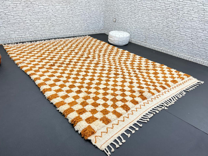 Handmade Moroccan wool rug in brown and cream checkerboard pattern – Berber style shag carpet