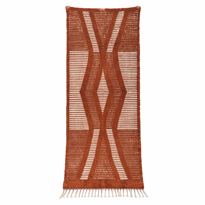 Handwoven cinnamon brown Moroccan wool runner rug with ivory flowing geometric pattern