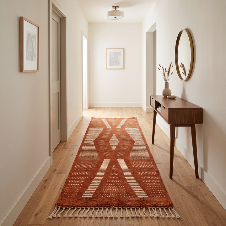 Handwoven cinnamon brown Moroccan wool runner rug with ivory flowing geometric pattern