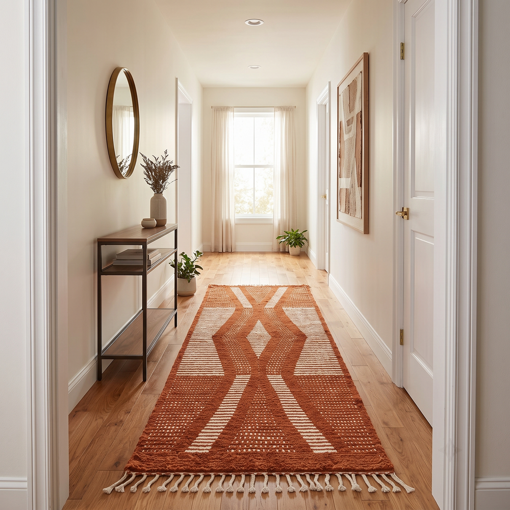 Handwoven cinnamon brown Moroccan wool runner rug with ivory flowing geometric pattern