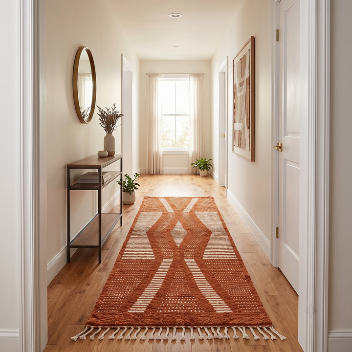 Handwoven cinnamon brown Moroccan wool runner rug with ivory flowing geometric pattern