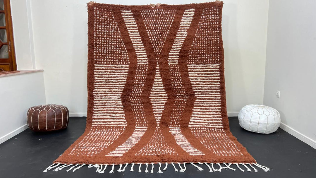 Brown Moroccan handmade wool rug with raised white texture