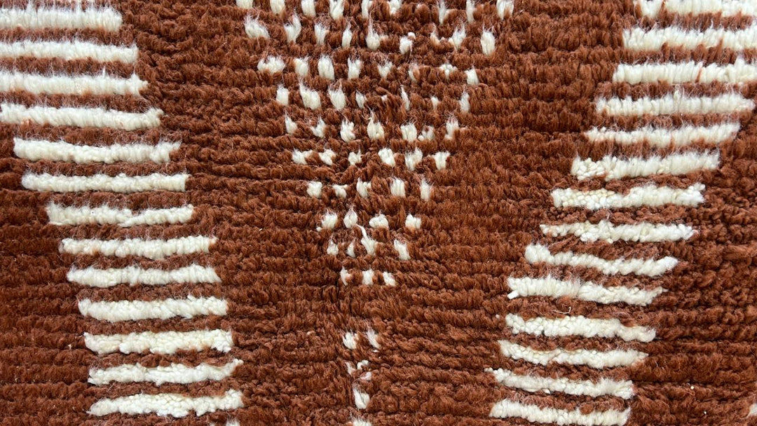 Handwoven cinnamon brown Moroccan wool runner rug with ivory flowing geometric pattern
