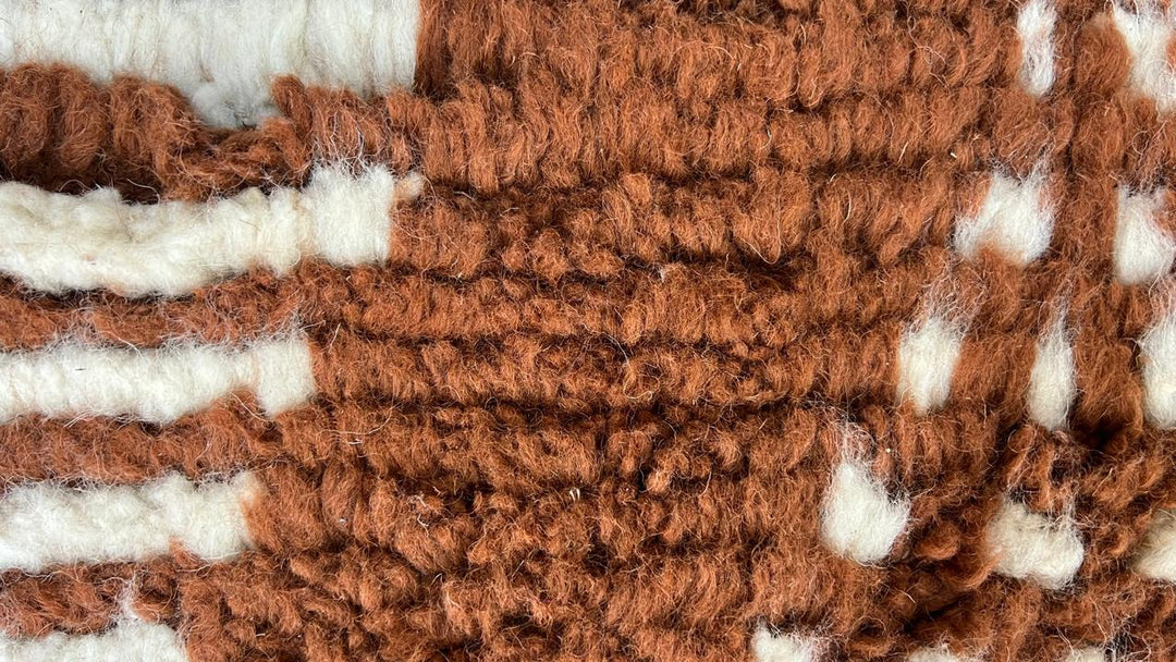 Handwoven cinnamon brown Moroccan wool runner rug with ivory flowing geometric pattern
