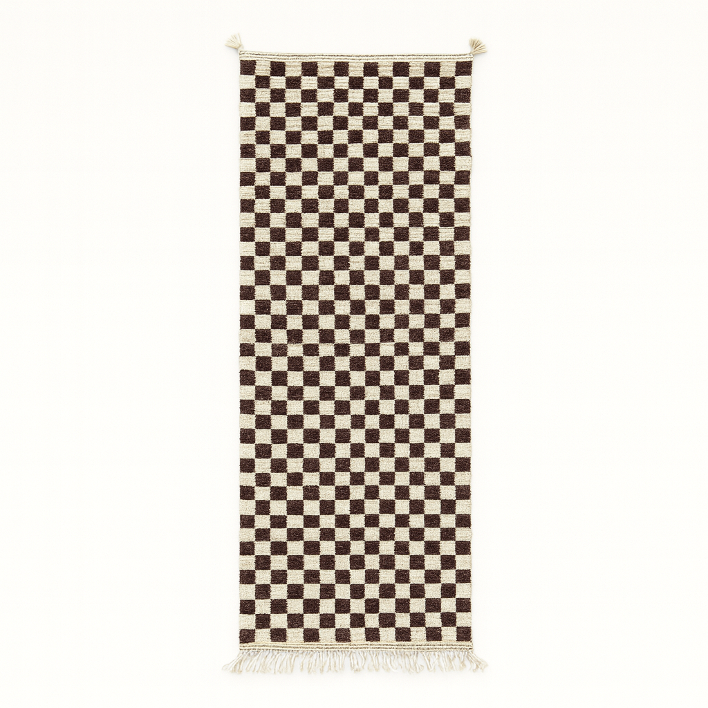 Brown and white checkered Moroccan runner rug handmade from natural wool with traditional Berber checkerboard pattern, perfect for hallway and entryway décor