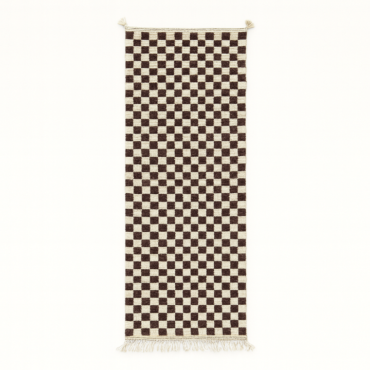 Brown and white checkered Moroccan runner rug handmade from natural wool with traditional Berber checkerboard pattern, perfect for hallway and entryway décor